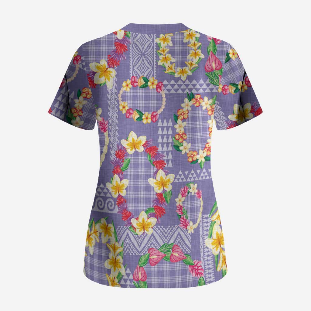 Hawaiian Leis Scrub Top Kakau Tattoos and Palaka Pastel Purple Color