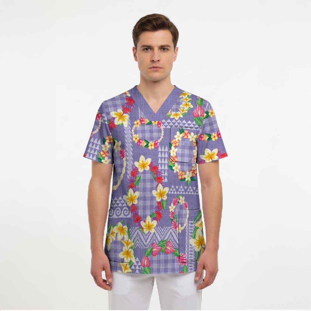 Hawaiian Leis Scrub Top Kakau Tattoos and Palaka Pastel Purple Color