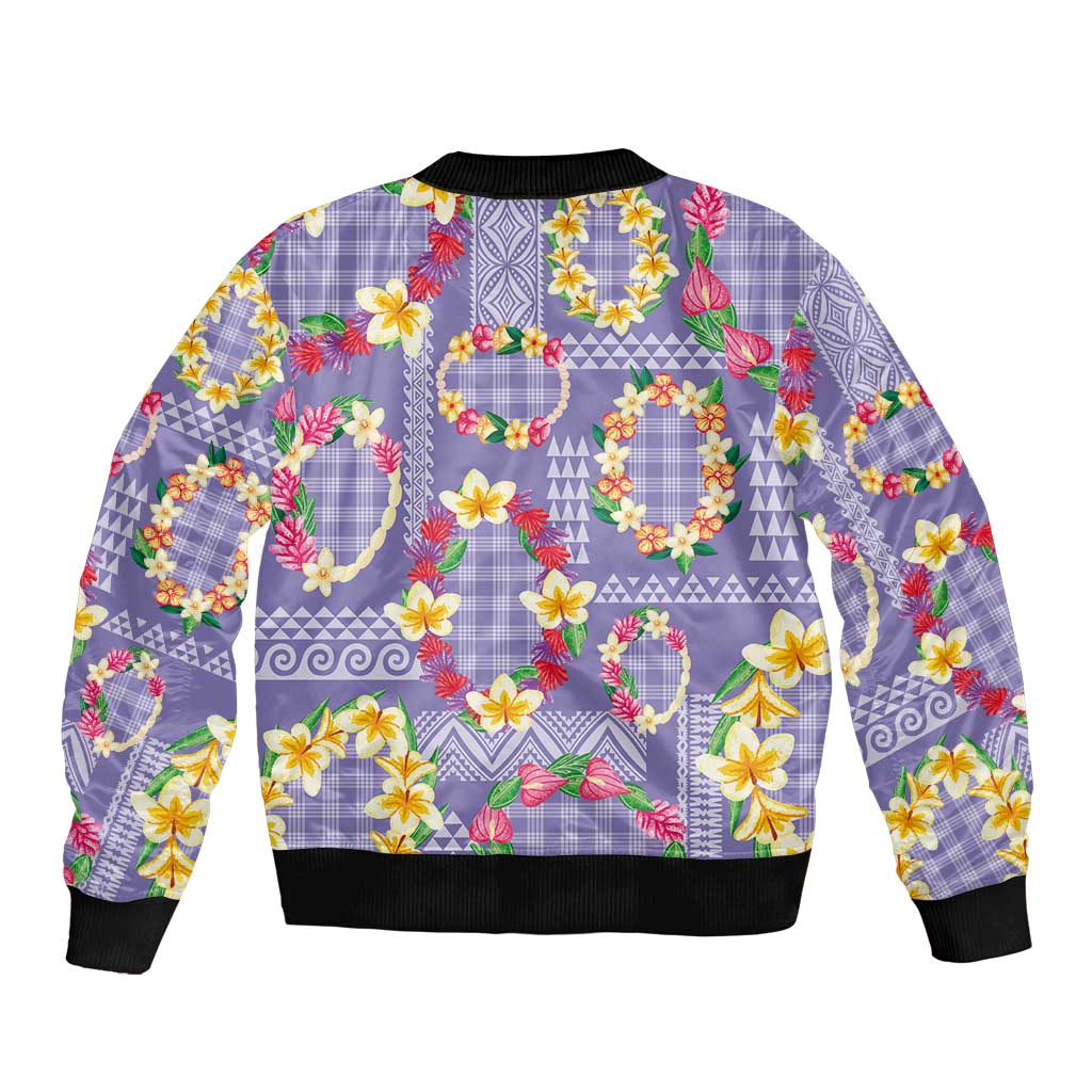 Hawaiian Leis Sleeve Zip Bomber Jacket Kakau Tattoos and Palaka Pastel Purple Color