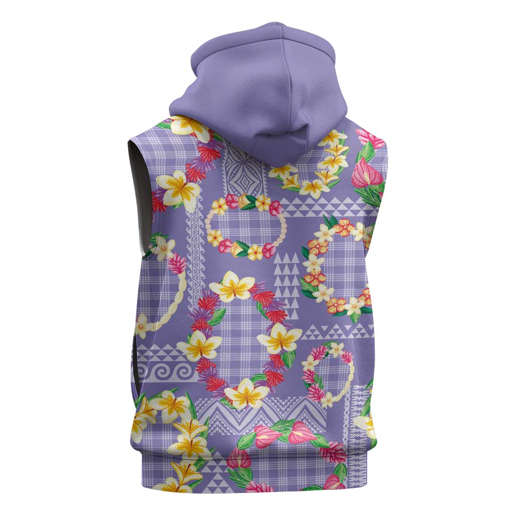 Hawaiian Leis Sleeveless Hoodie Kakau Tattoos and Palaka Pastel Purple Color
