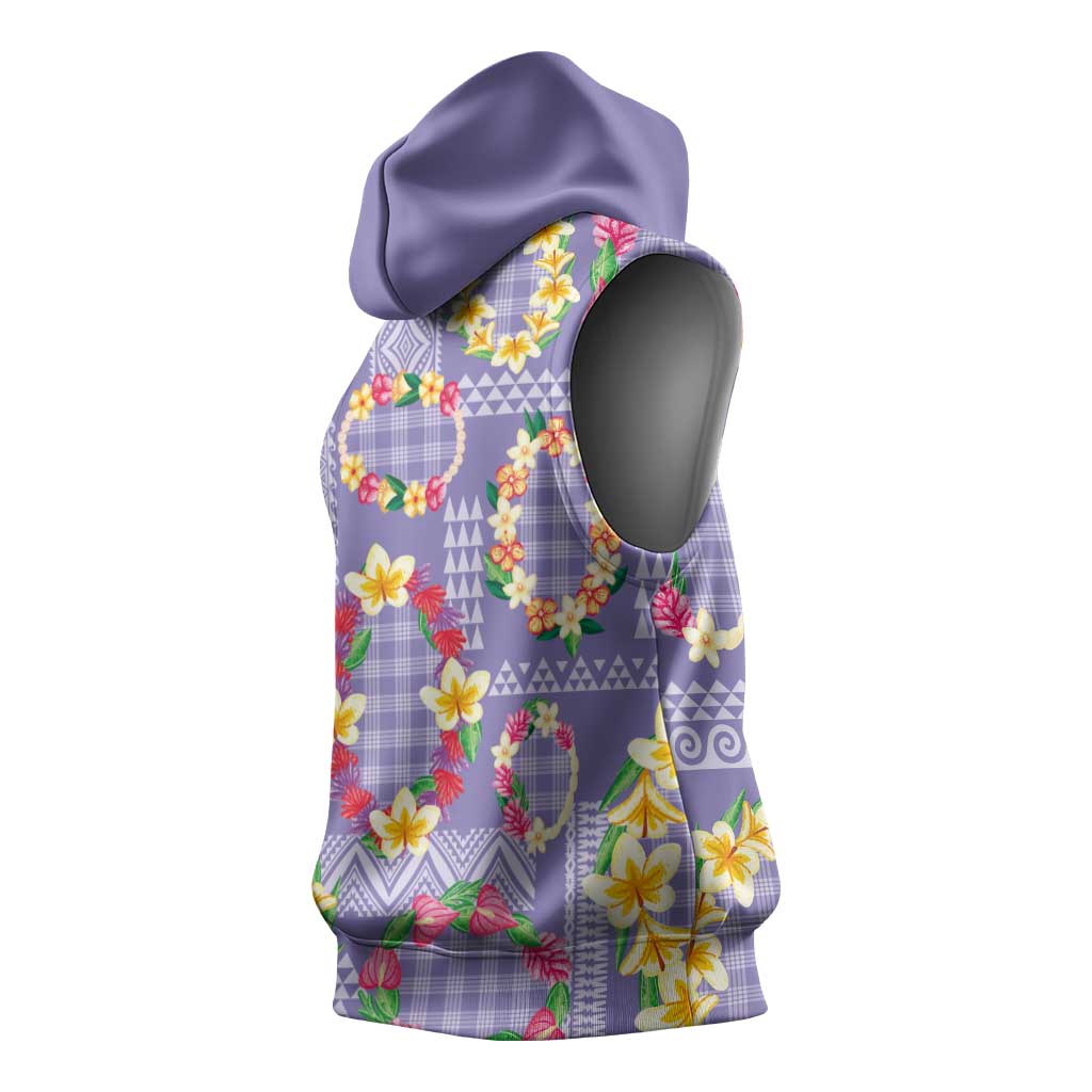 Hawaiian Leis Sleeveless Hoodie Kakau Tattoos and Palaka Pastel Purple Color