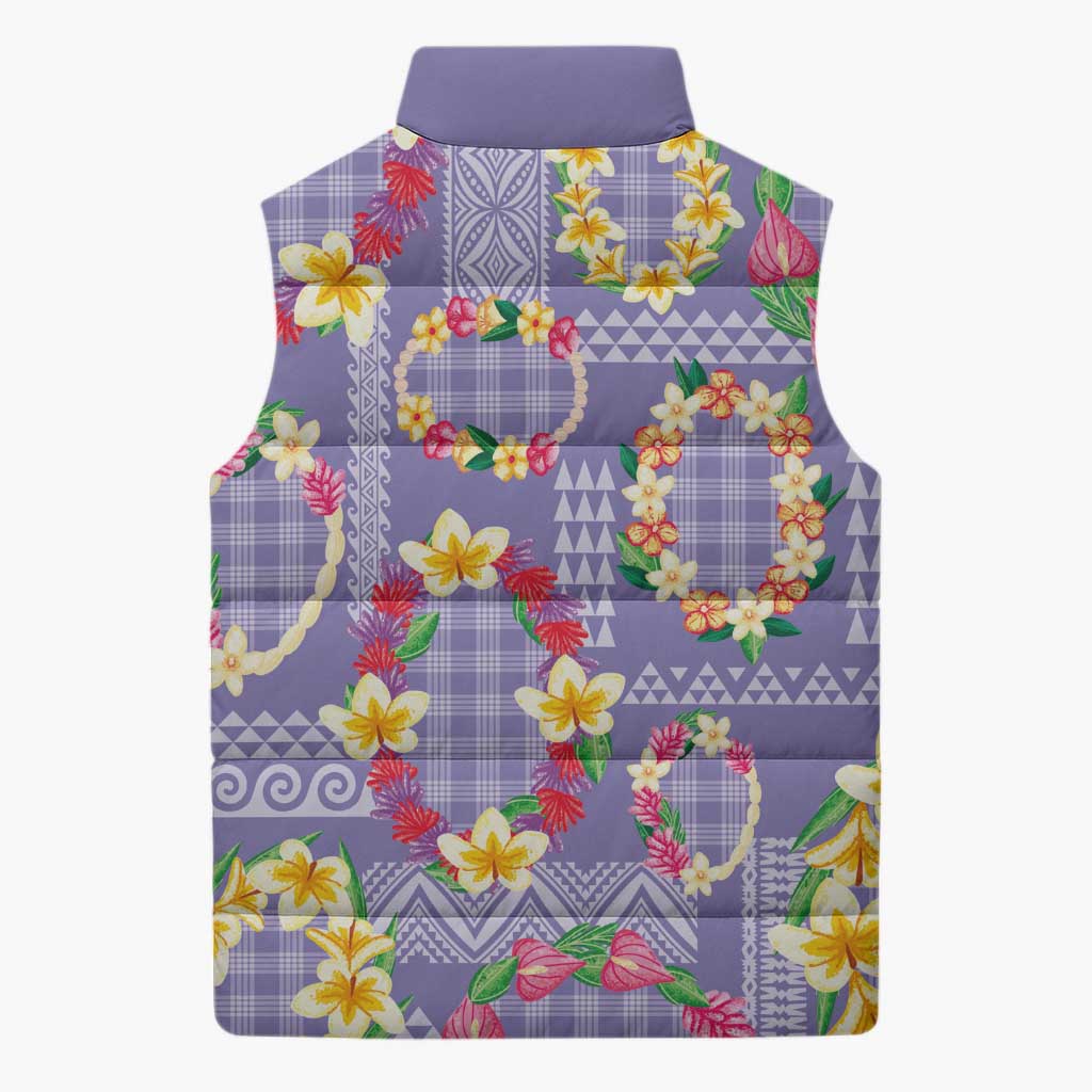 Hawaiian Leis Sleeveless Puffer Jacket Kakau Tattoos and Palaka Pastel Purple Color