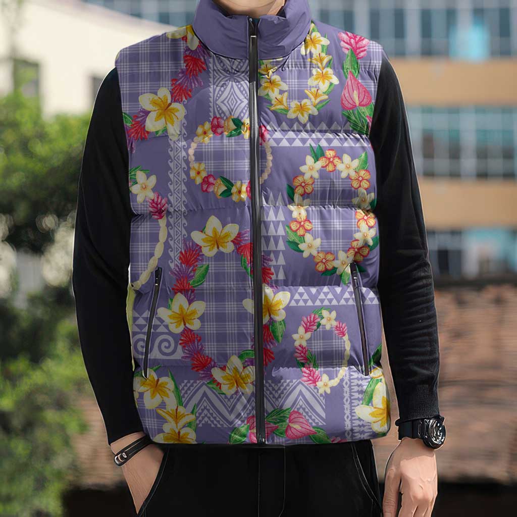 Hawaiian Leis Sleeveless Puffer Jacket Kakau Tattoos and Palaka Pastel Purple Color
