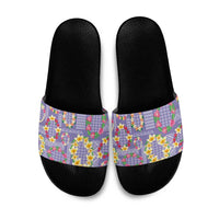 Hawaiian Leis Slide Sandals Kakau Tattoos and Palaka Pastel Purple Color
