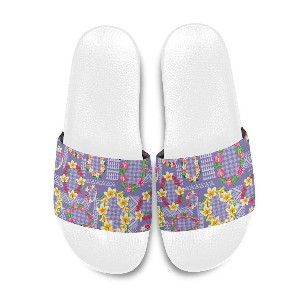Hawaiian Leis Slide Sandals Kakau Tattoos and Palaka Pastel Purple Color