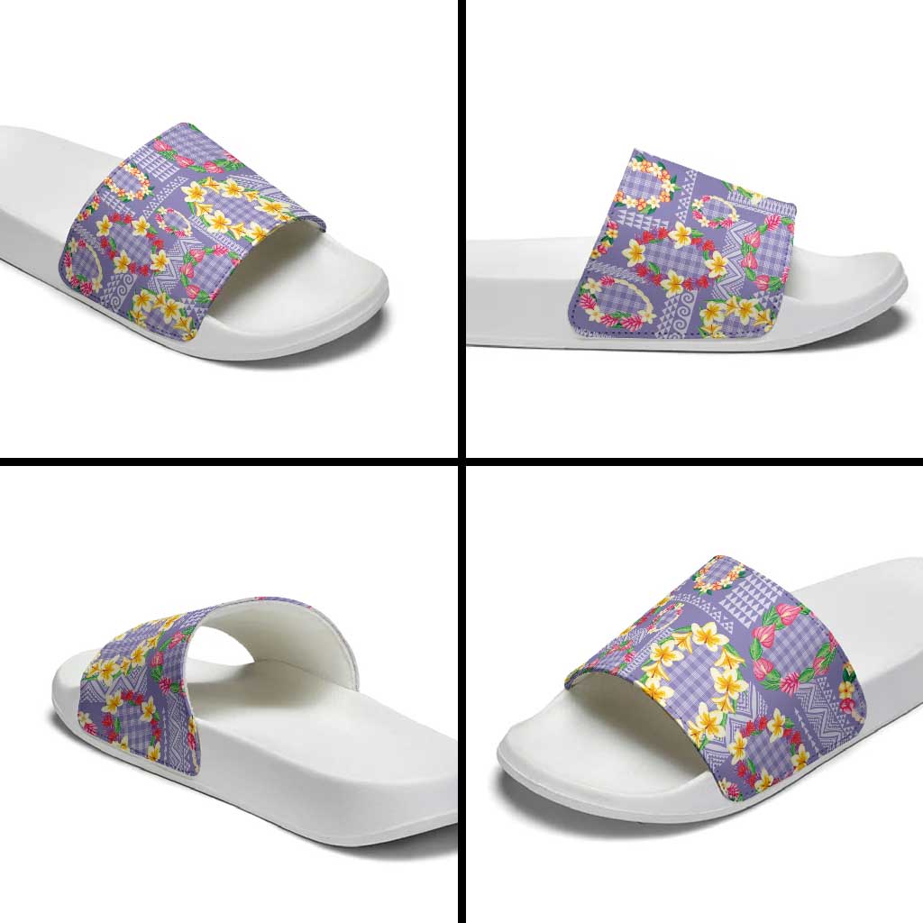 Hawaiian Leis Slide Sandals Kakau Tattoos and Palaka Pastel Purple Color