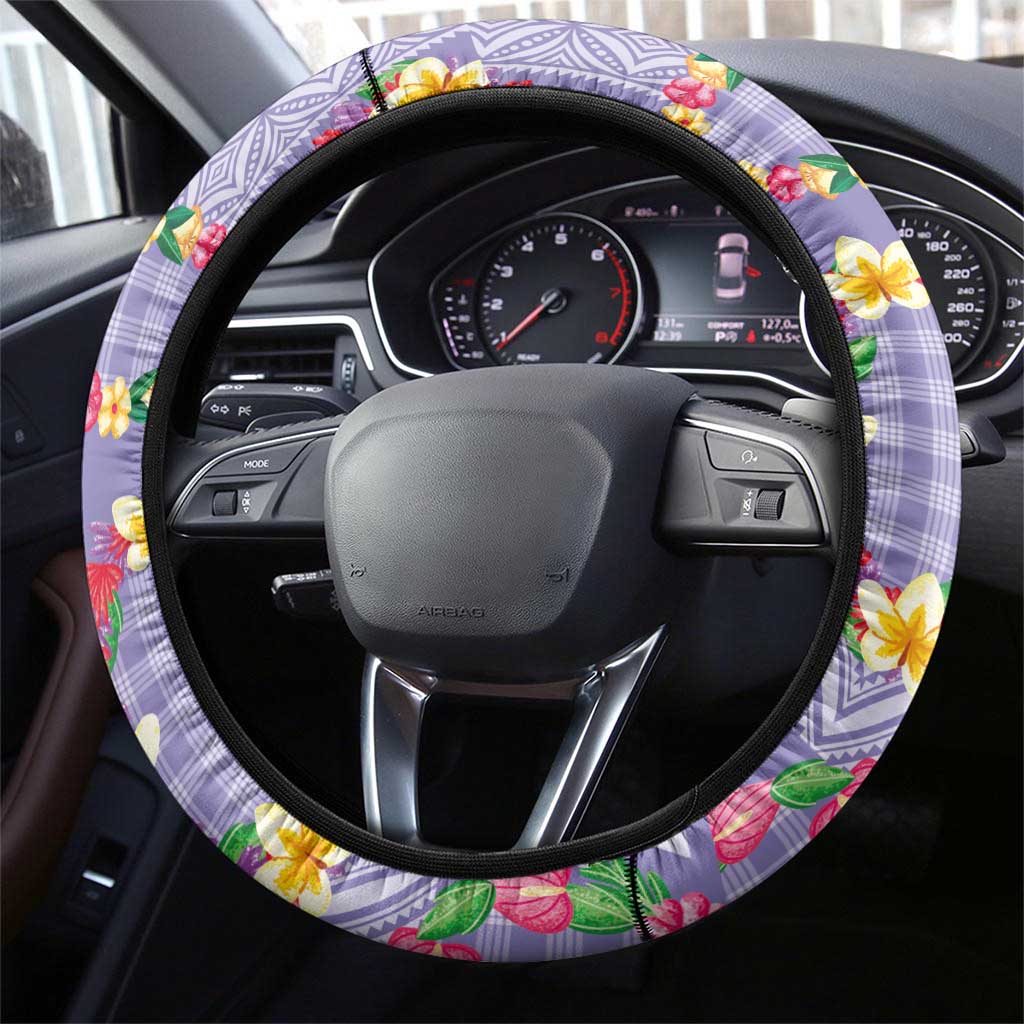 Hawaiian Leis Steering Wheel Cover Kakau Tattoos and Palaka Pastel Purple Color
