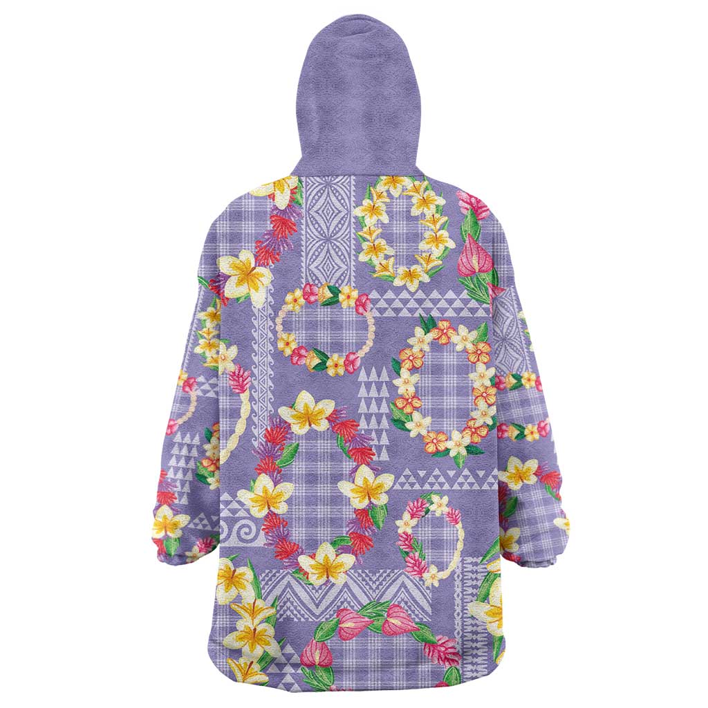 Hawaiian Leis Wearable Blanket Hoodie Kakau Tattoos and Palaka Pastel Purple Color