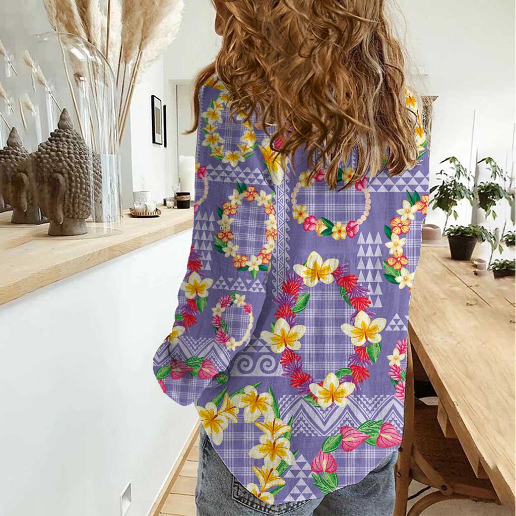 Hawaiian Leis Women Casual Shirt Kakau Tattoos and Palaka Pastel Purple Color