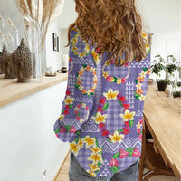 Hawaiian Leis Women Casual Shirt Kakau Tattoos and Palaka Pastel Purple Color