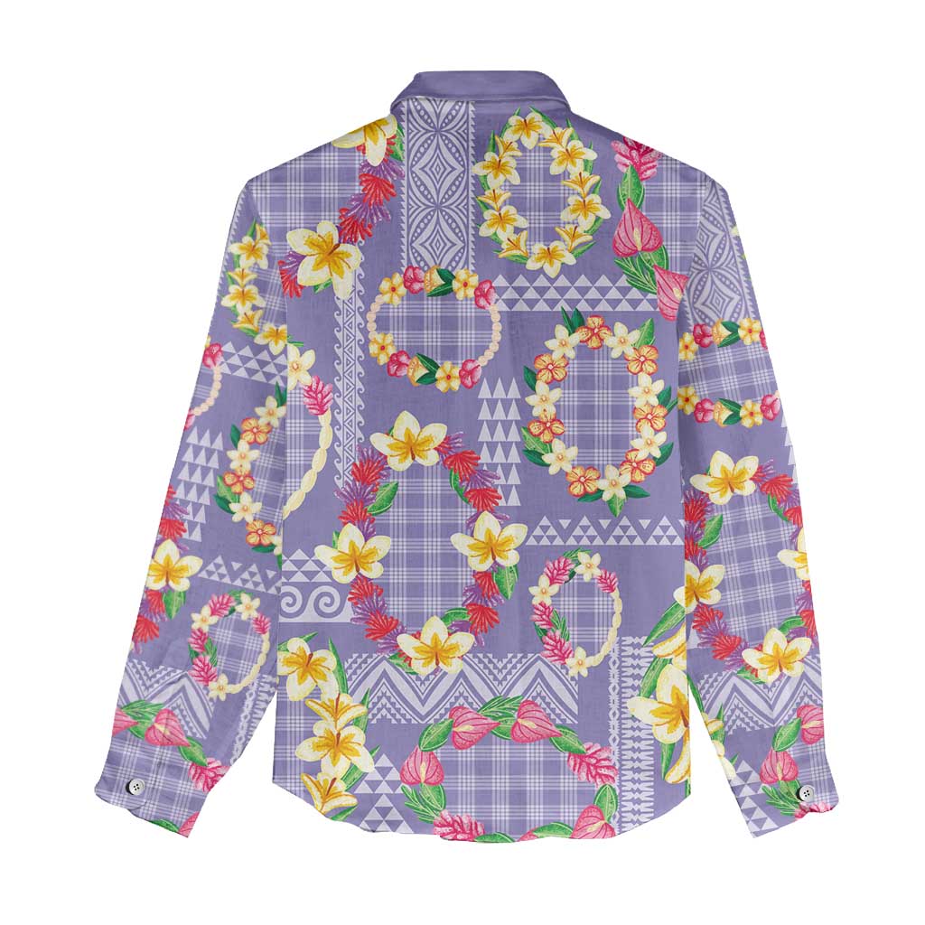 Hawaiian Leis Women Casual Shirt Kakau Tattoos and Palaka Pastel Purple Color
