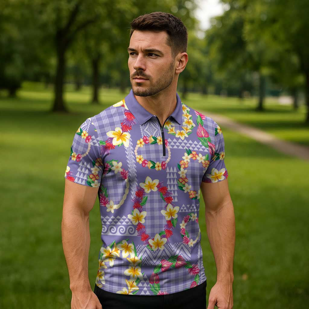 Hawaiian Leis Zipper Polo Shirt Kakau Tattoos and Palaka Pastel Purple Color