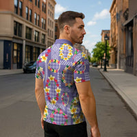 Hawaiian Leis Zipper Polo Shirt Kakau Tattoos and Palaka Pastel Purple Color