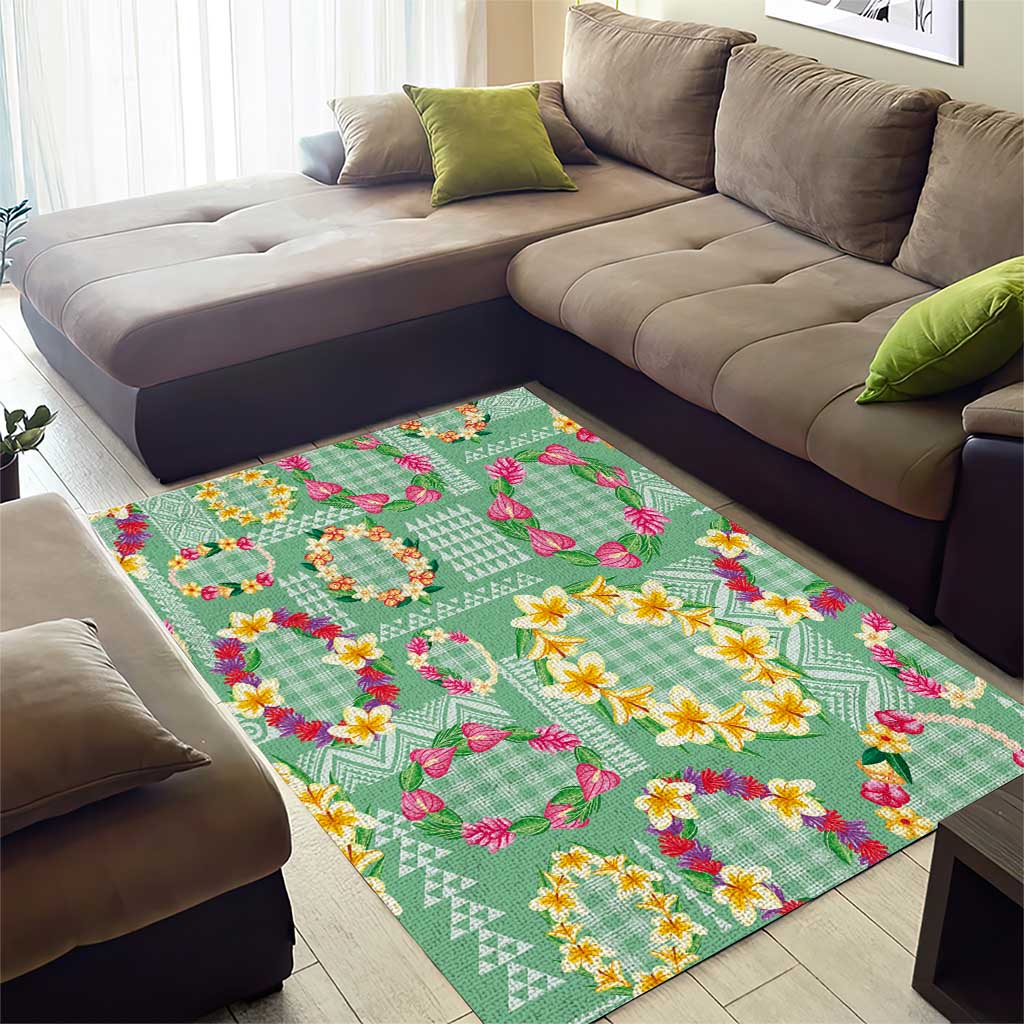 Hawaiian Leis Area Rug Kakau Tattoos and Palaka Pastel Green Color