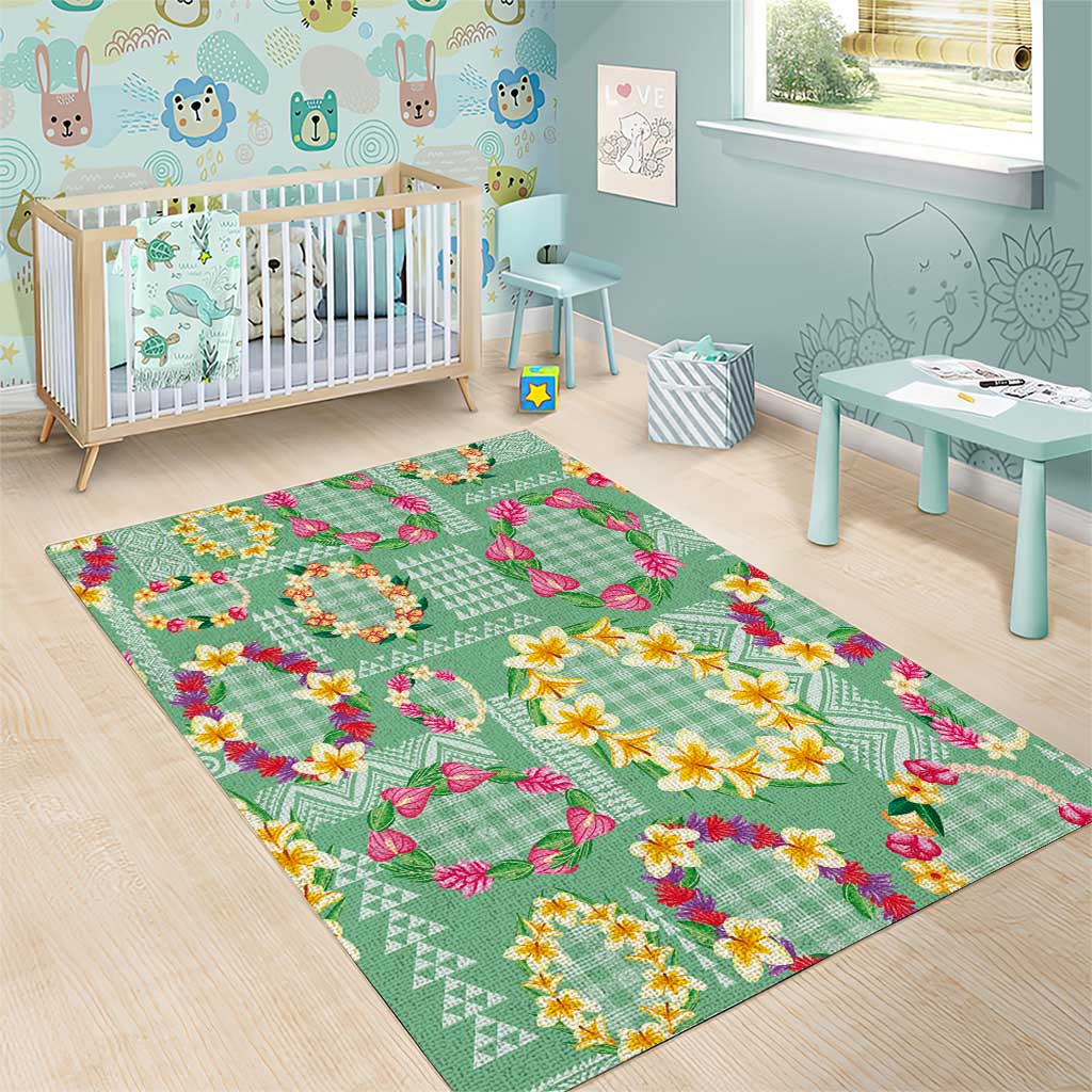 Hawaiian Leis Area Rug Kakau Tattoos and Palaka Pastel Green Color