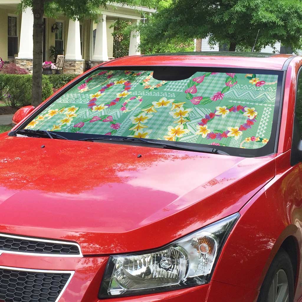 Hawaiian Leis Auto Sun Shade Kakau Tattoos and Palaka Pastel Green Color