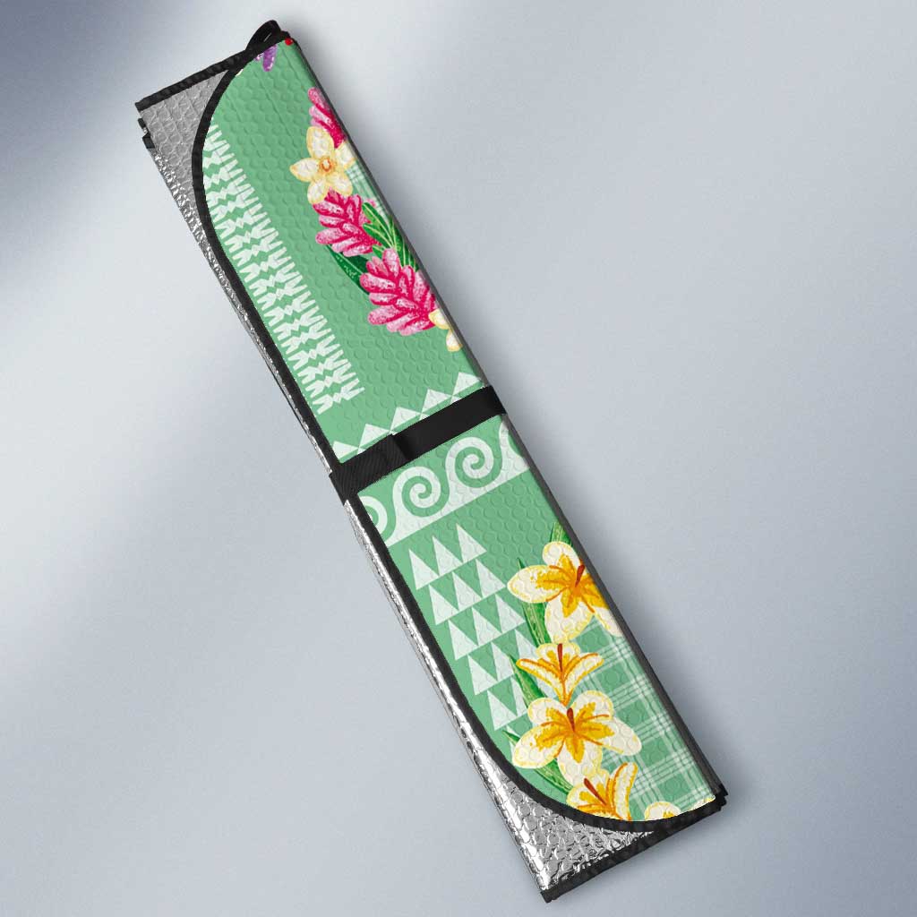 Hawaiian Leis Auto Sun Shade Kakau Tattoos and Palaka Pastel Green Color