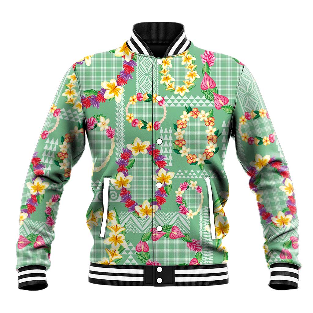 Hawaiian Leis Baseball Jacket Kakau Tattoos and Palaka Pastel Green Color