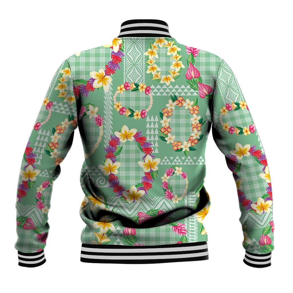 Hawaiian Leis Baseball Jacket Kakau Tattoos and Palaka Pastel Green Color