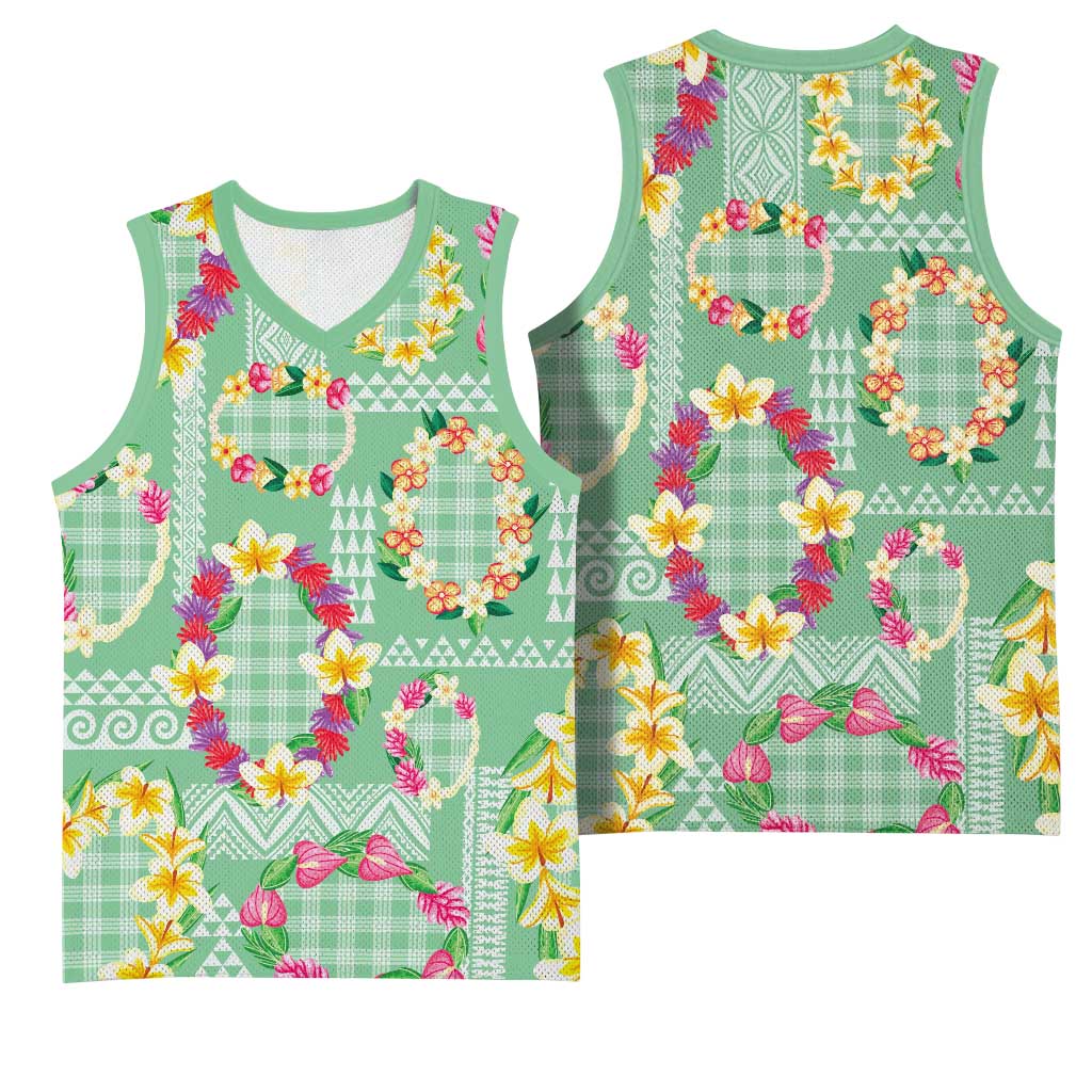Hawaiian Leis Basketball Jersey Kakau Tattoos and Palaka Pastel Green Color