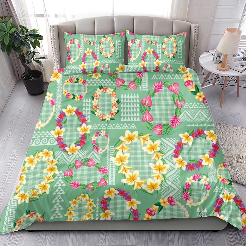 Hawaiian Leis Bedding Set Kakau Tattoos and Palaka Pastel Green Color