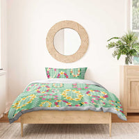 Hawaiian Leis Bedding Set Kakau Tattoos and Palaka Pastel Green Color