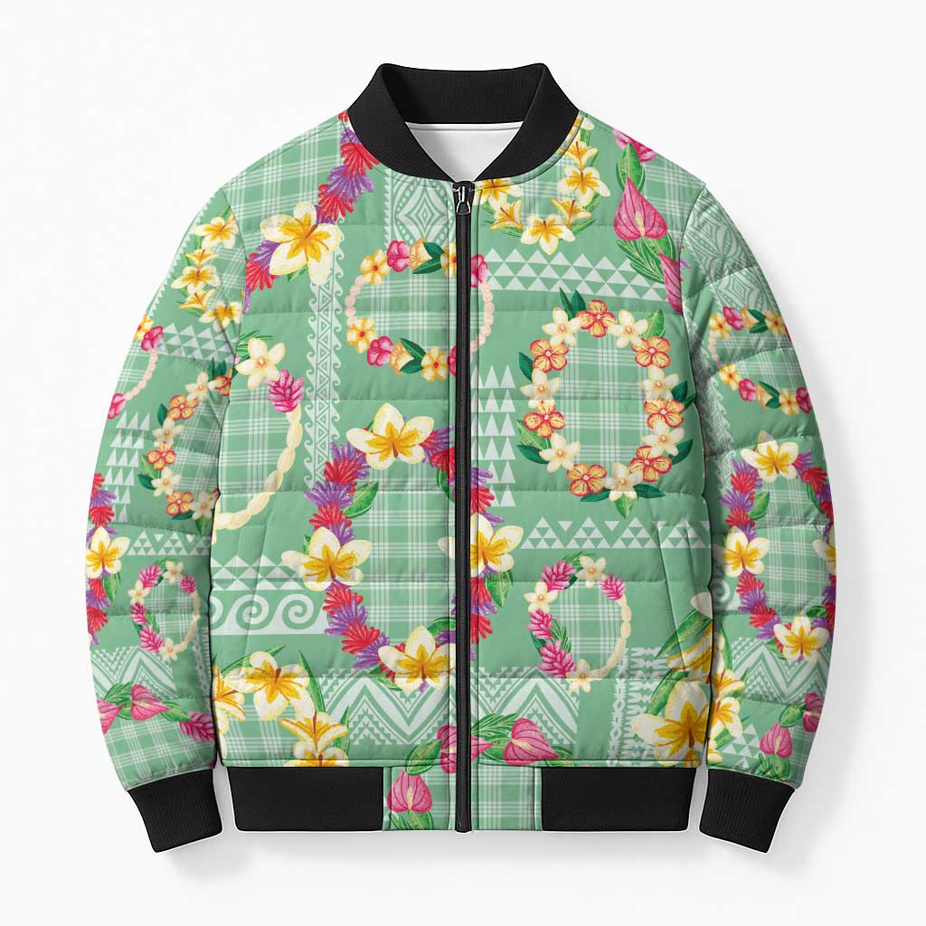 Hawaiian Leis Bomber Puffer Jacket Kakau Tattoos and Palaka Pastel Green Color
