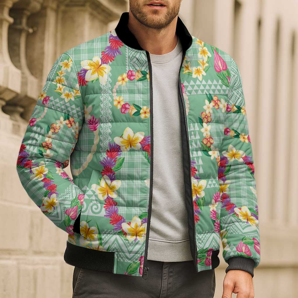 Hawaiian Leis Bomber Puffer Jacket Kakau Tattoos and Palaka Pastel Green Color