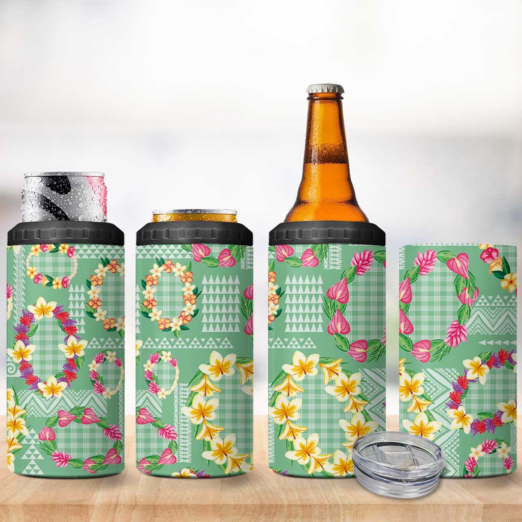 Hawaiian Leis 4 in 1 Can Cooler Tumbler Kakau Tattoos and Palaka Pastel Green Color