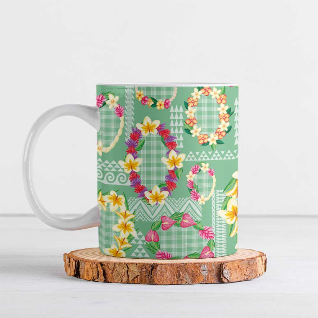 Hawaiian Leis Ceramic Mug Kakau Tattoos and Palaka Pastel Green Color