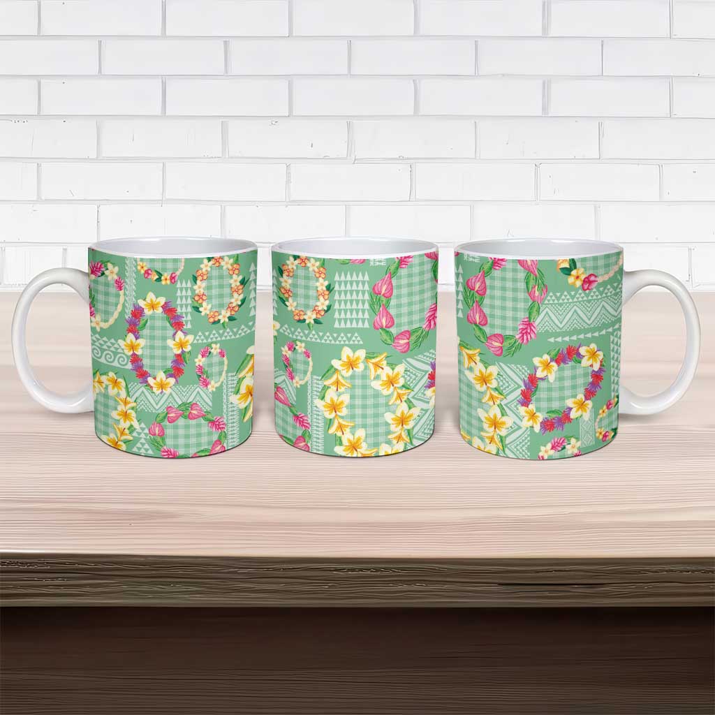 Hawaiian Leis Ceramic Mug Kakau Tattoos and Palaka Pastel Green Color