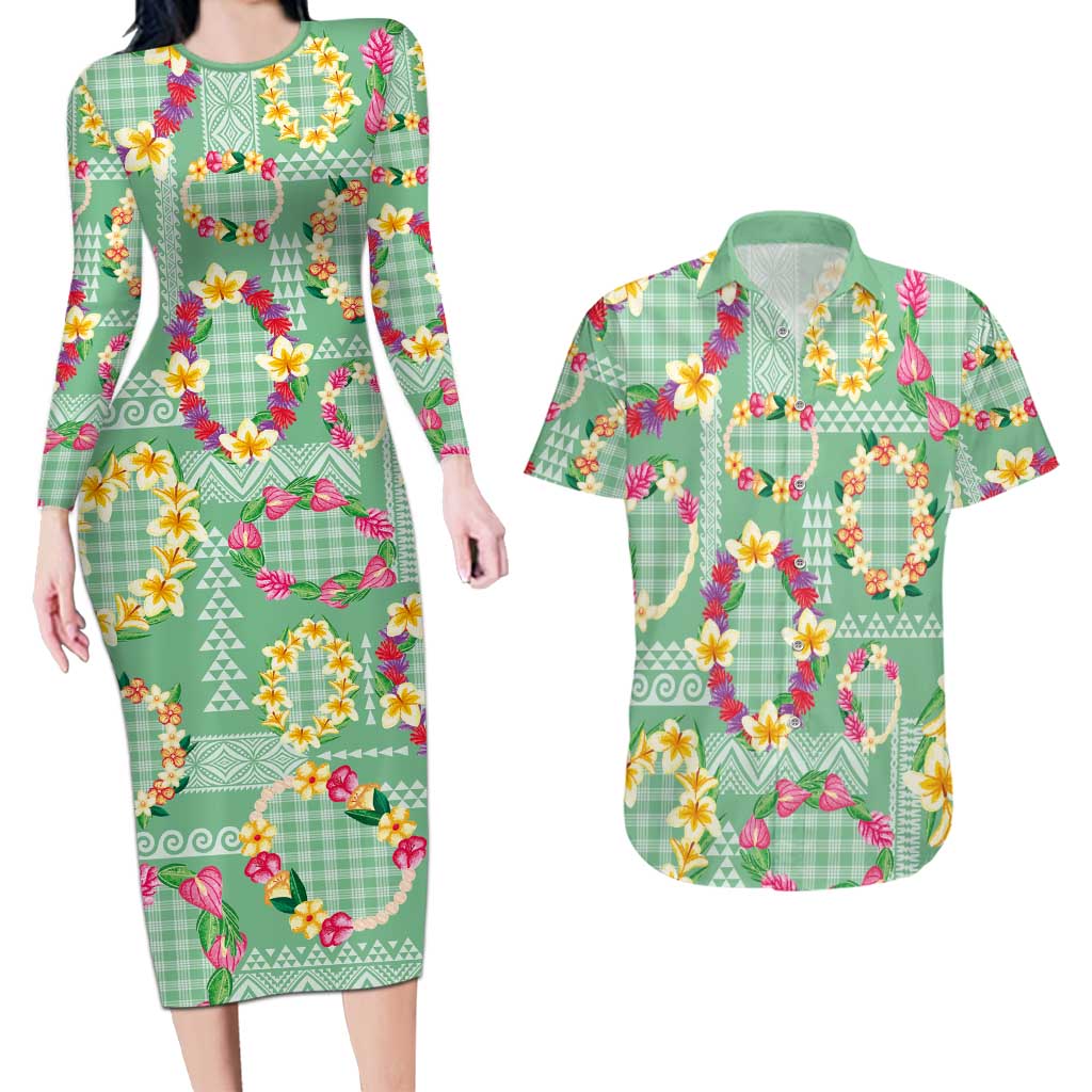 Hawaiian Leis Couples Matching Long Sleeve Bodycon Dress and Hawaiian Shirt Kakau Tattoos and Palaka Pastel Green Color LT03 Green - Polynesian Pride
