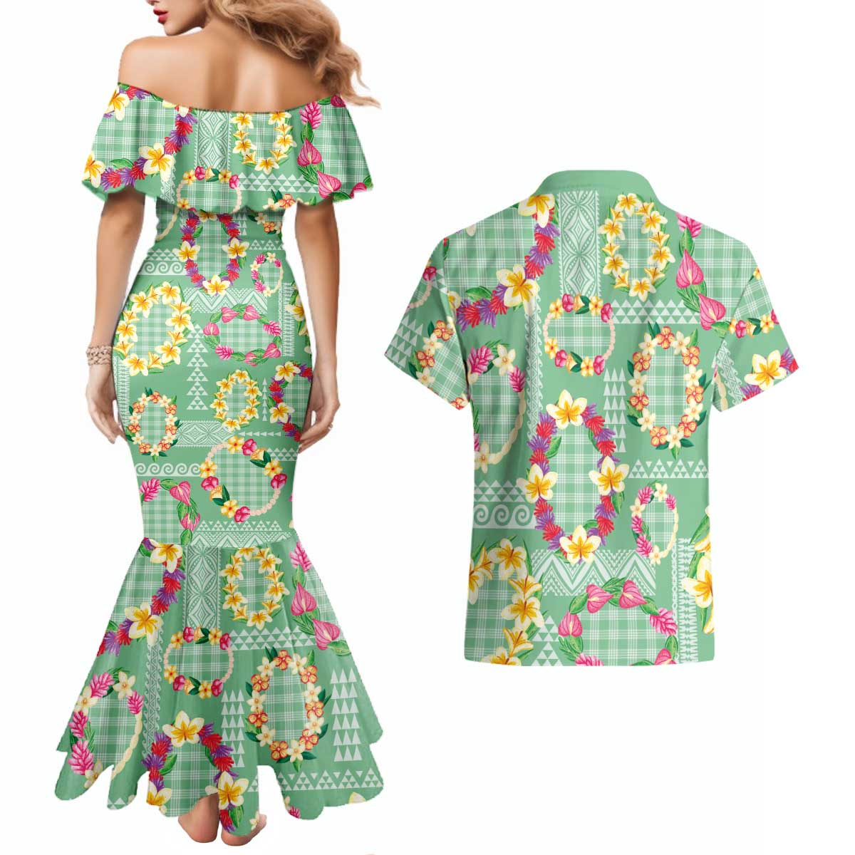 Hawaiian Leis Couples Matching Mermaid Dress and Hawaiian Shirt Kakau Tattoos and Palaka Pastel Green Color LT03 - Polynesian Pride