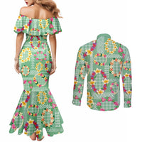 Hawaiian Leis Couples Matching Mermaid Dress and Long Sleeve Button Shirt Kakau Tattoos and Palaka Pastel Green Color LT03 - Polynesian Pride