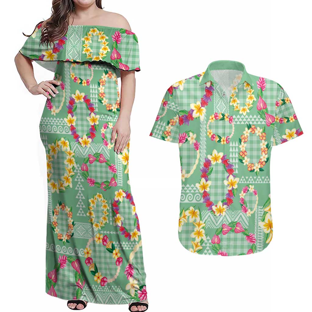 Hawaiian Leis Couples Matching Off Shoulder Maxi Dress and Hawaiian Shirt Kakau Tattoos and Palaka Pastel Green Color LT03 Green - Polynesian Pride