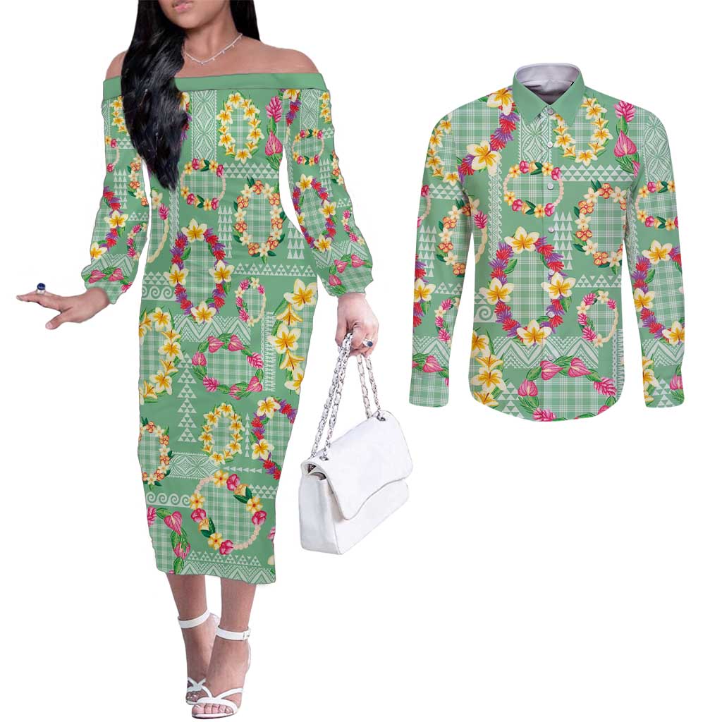 Hawaiian Leis Couples Matching Off The Shoulder Long Sleeve Dress and Long Sleeve Button Shirt Kakau Tattoos and Palaka Pastel Green Color