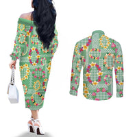 Hawaiian Leis Couples Matching Off The Shoulder Long Sleeve Dress and Long Sleeve Button Shirt Kakau Tattoos and Palaka Pastel Green Color LT03 - Polynesian Pride