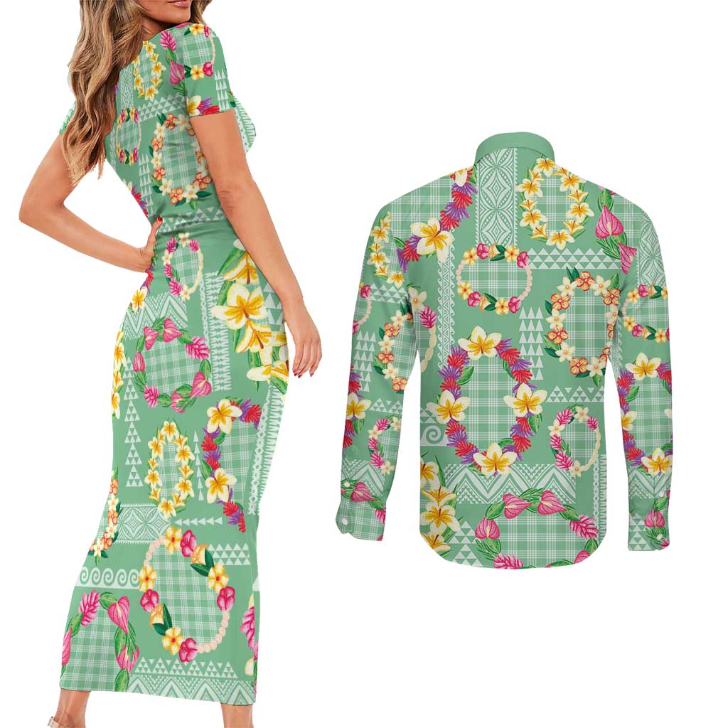 Hawaiian Leis Couples Matching Short Sleeve Bodycon Dress and Long Sleeve Button Shirt Kakau Tattoos and Palaka Pastel Green Color LT03 - Polynesian Pride