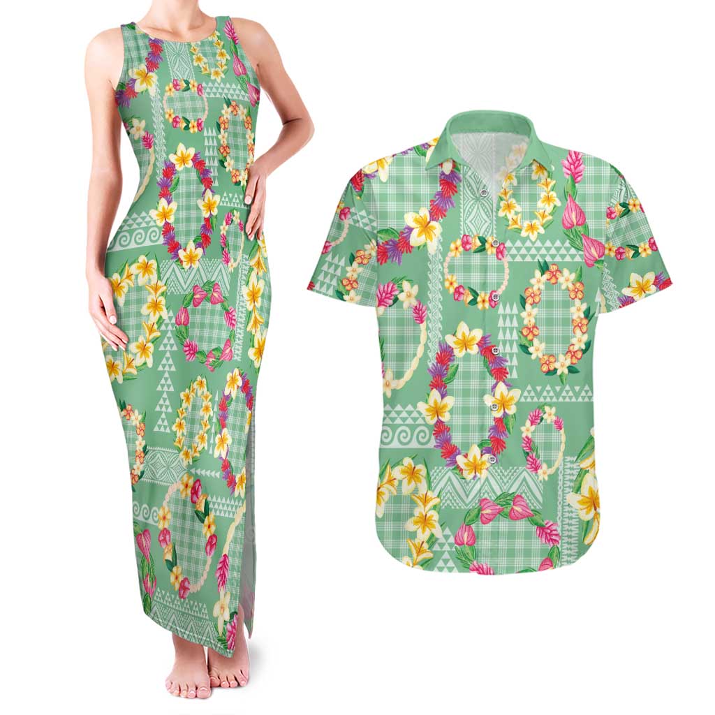Hawaiian Leis Couples Matching Tank Maxi Dress and Hawaiian Shirt Kakau Tattoos and Palaka Pastel Green Color LT03 Green - Polynesian Pride
