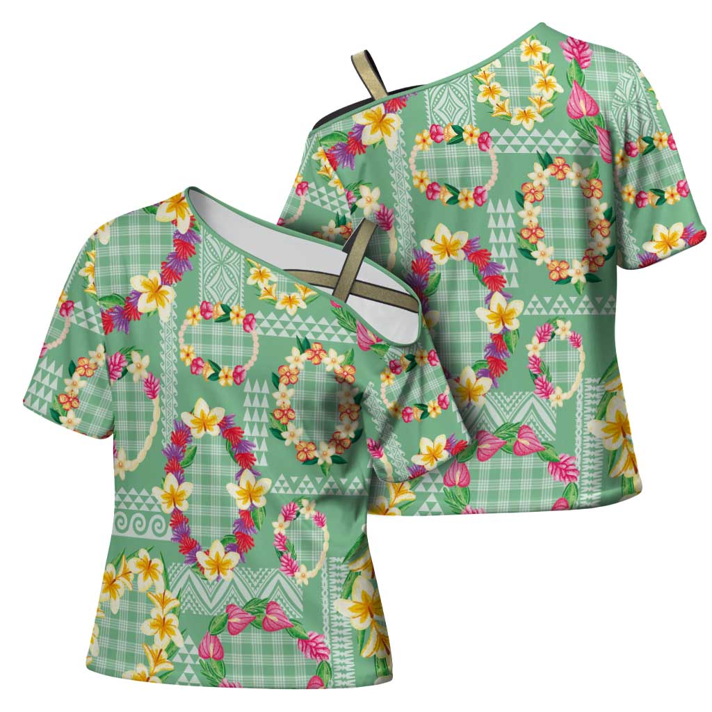 Hawaiian Leis Cross Shoulder Shirt Kakau Tattoos and Palaka Pastel Green Color