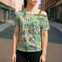 Hawaiian Leis Cross Shoulder Shirt Kakau Tattoos and Palaka Pastel Green Color