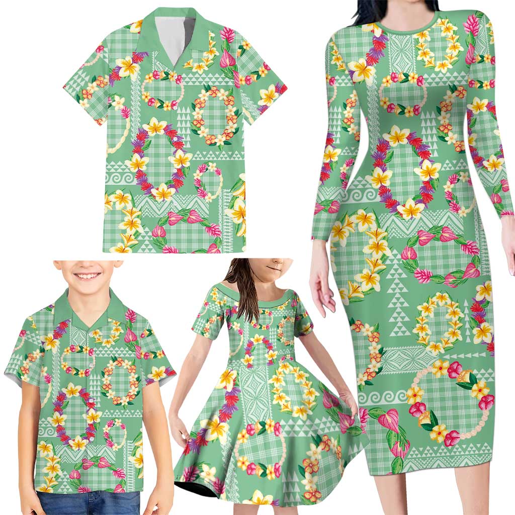 Hawaiian Leis Family Matching Long Sleeve Bodycon Dress and Hawaiian Shirt Kakau Tattoos and Palaka Pastel Green Color LT03 - Polynesian Pride