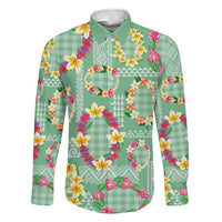 Hawaiian Leis Family Matching Long Sleeve Bodycon Dress and Hawaiian Shirt Kakau Tattoos and Palaka Pastel Green Color LT03 Dad's Shirt - Long Sleeve Green - Polynesian Pride