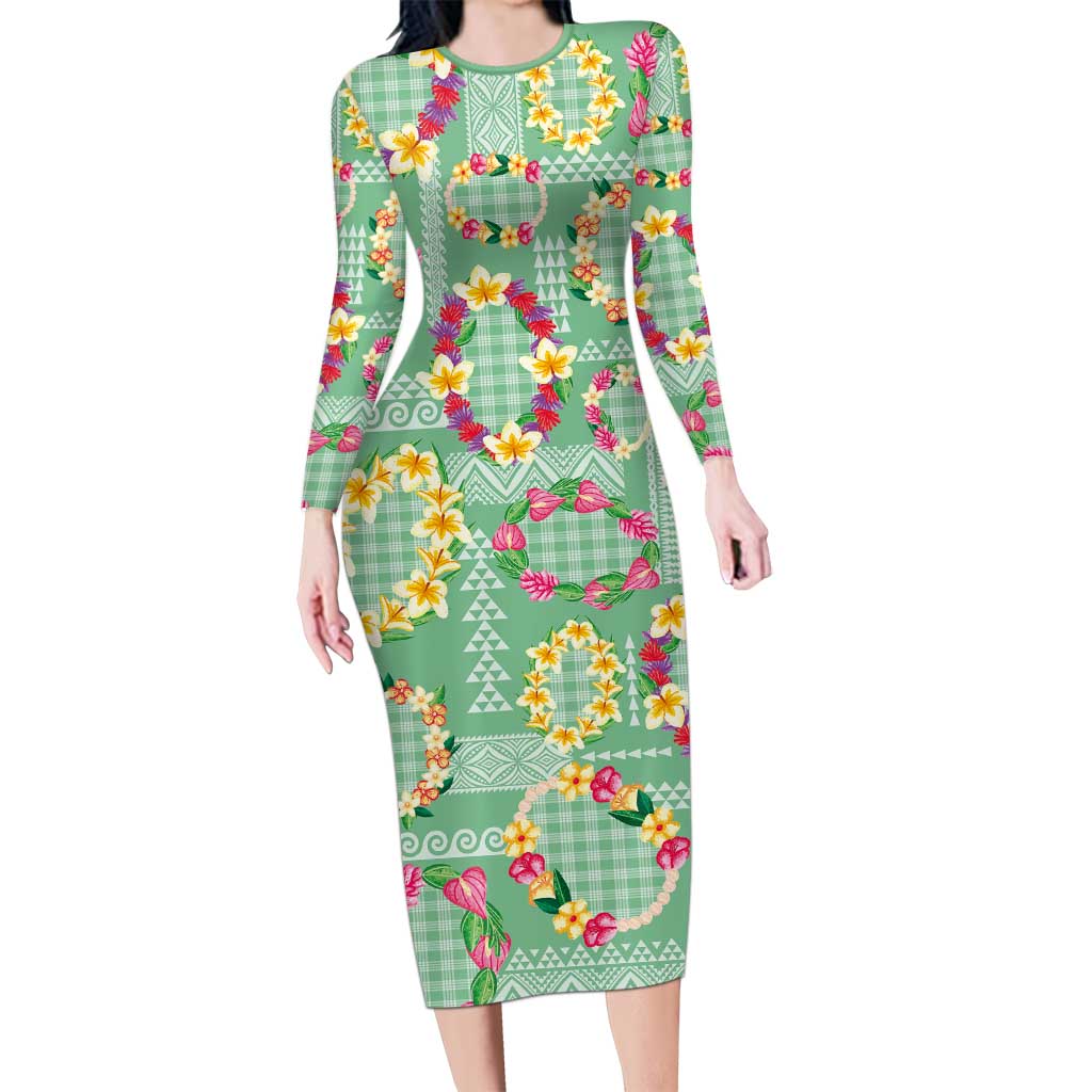 Hawaiian Leis Family Matching Long Sleeve Bodycon Dress and Hawaiian Shirt Kakau Tattoos and Palaka Pastel Green Color LT03 Mom's Dress Green - Polynesian Pride