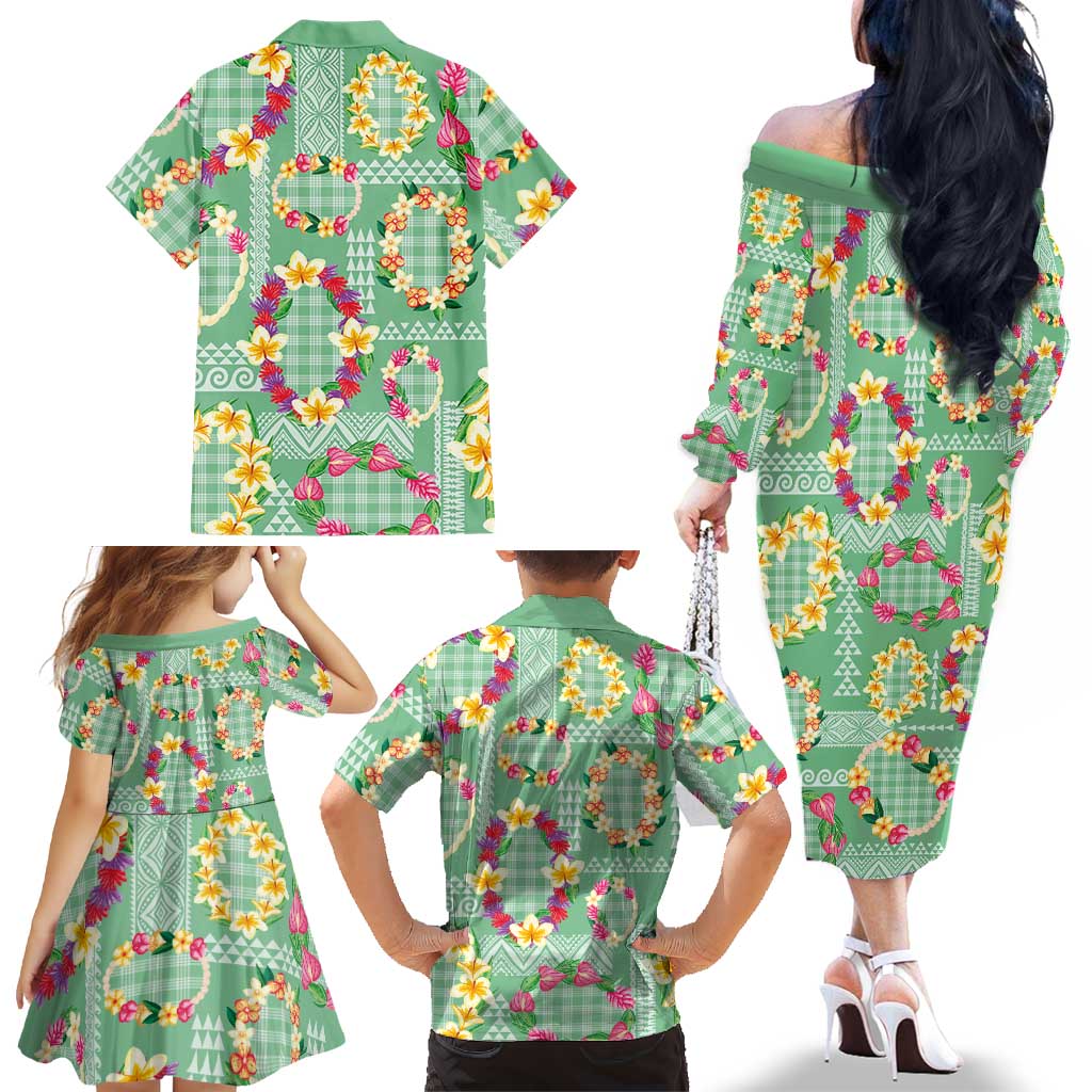 Hawaiian Leis Family Matching Off The Shoulder Long Sleeve Dress and Hawaiian Shirt Kakau Tattoos and Palaka Pastel Green Color LT03 - Polynesian Pride