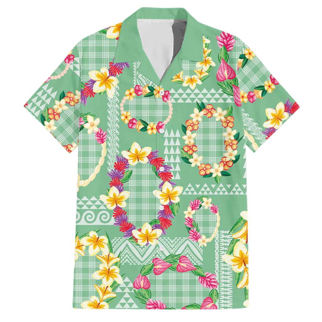 Hawaiian Leis Family Matching Off Shoulder Maxi Dress and Hawaiian Shirt Kakau Tattoos and Palaka Pastel Green Color LT03 Dad's Shirt - Short Sleeve Green - Polynesian Pride