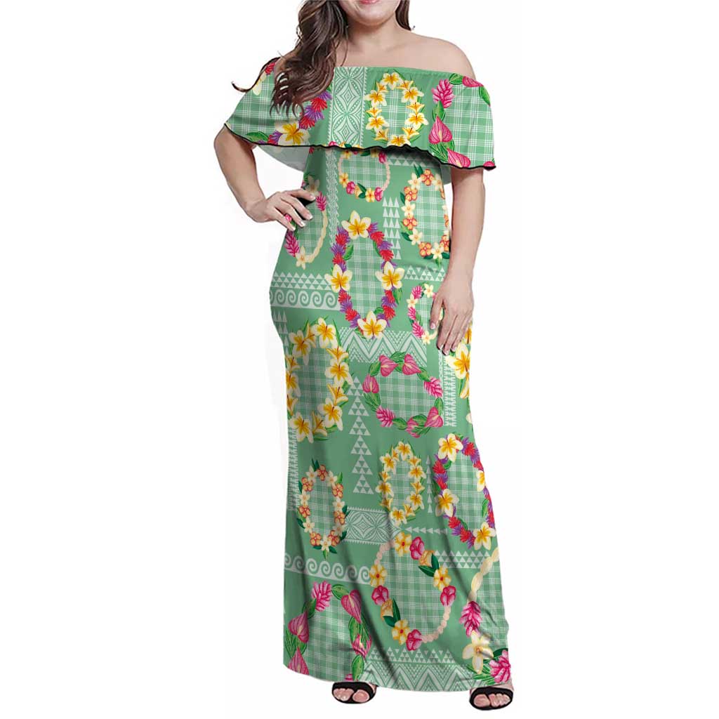 Hawaiian Leis Family Matching Off Shoulder Maxi Dress and Hawaiian Shirt Kakau Tattoos and Palaka Pastel Green Color LT03 Mom's Dress Green - Polynesian Pride