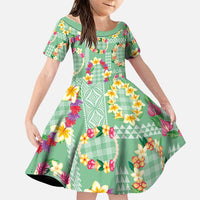 Hawaiian Leis Family Matching Off Shoulder Short Dress and Hawaiian Shirt Kakau Tattoos and Palaka Pastel Green Color LT03 Daughter's Dress Green - Polynesian Pride