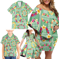 Hawaiian Leis Family Matching Off Shoulder Short Dress and Hawaiian Shirt Kakau Tattoos and Palaka Pastel Green Color LT03 - Polynesian Pride