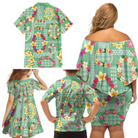 Hawaiian Leis Family Matching Off Shoulder Short Dress and Hawaiian Shirt Kakau Tattoos and Palaka Pastel Green Color LT03 - Polynesian Pride
